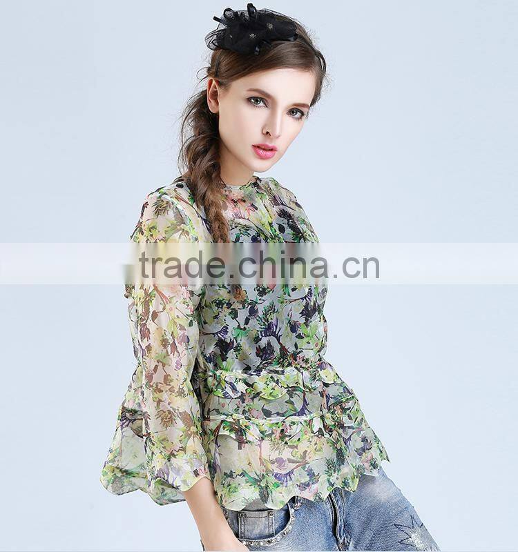 2015 HOYUGO summer organza printed sexy blouses