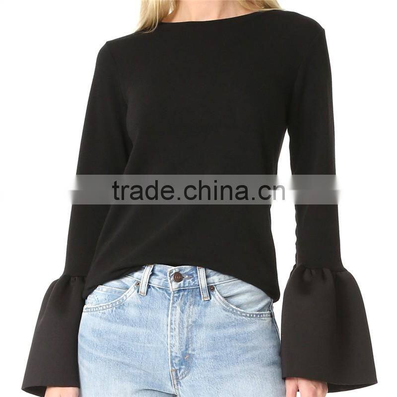 2017 OEM Banded Crew Neckline Flounced Cuffs Feminine Blouses