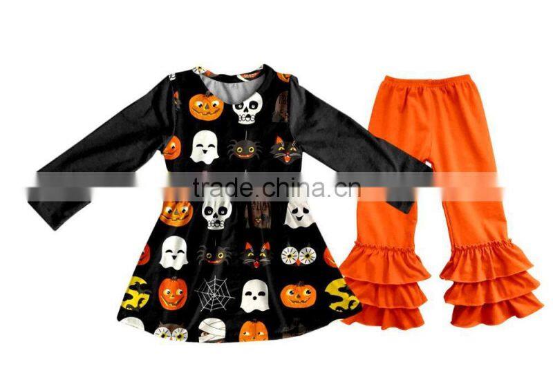 Wholesale fall winter print halloween clothing triple ruffle baby clothes clothing set