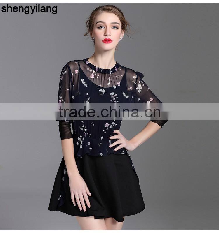 ladies black see-through silk elastic neck dress women's apparel