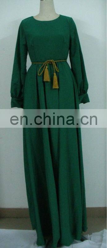 Long sleeve muslim dress for woman,chiffon maxi dress with belt