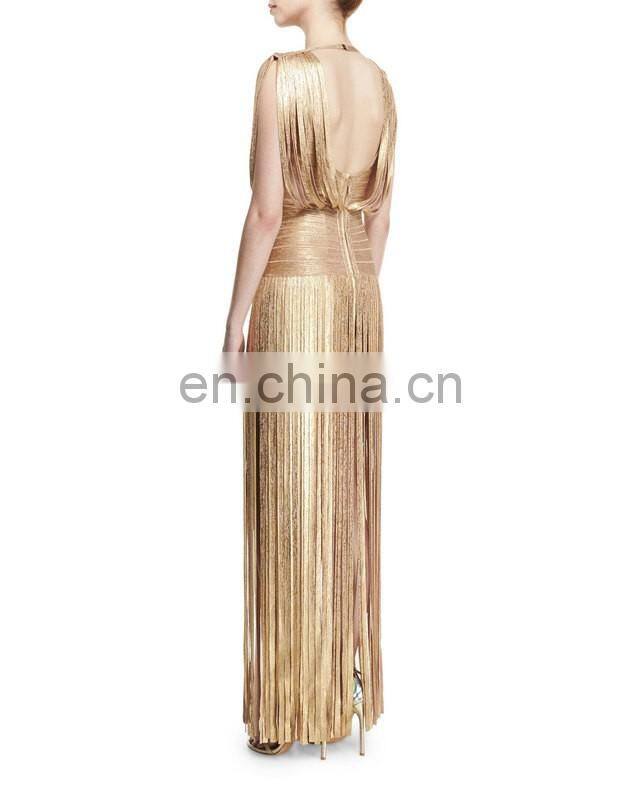 Amigo 2017 New Style Selena Foil Draped Bandage Dress Tassel Backless Bandage Gown Maxi Dress