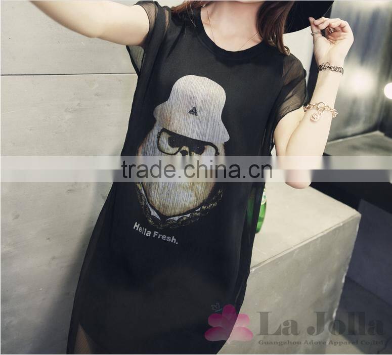 Lastest Summer Fashion Ladies Printed Chiffon False two-piece Sexy short sleeves T-shirt 143