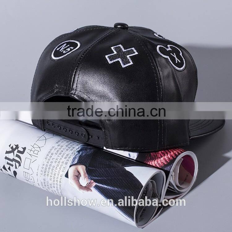Star Style Cute Hand Embroidery Men Women Hiphop Black Leather Flat Baseball Cap