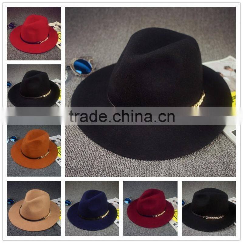 Link Chain Ribbon Decorated Wide Brim Jaz Vintage Wool Felt Man Fedora Hat
