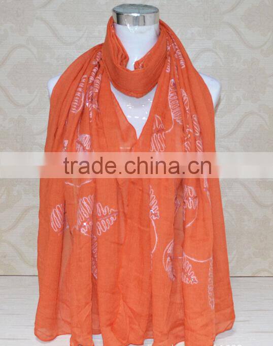New Style Sequin Leaf Pattern Cotton Fashion Woman Embroidered Shawls