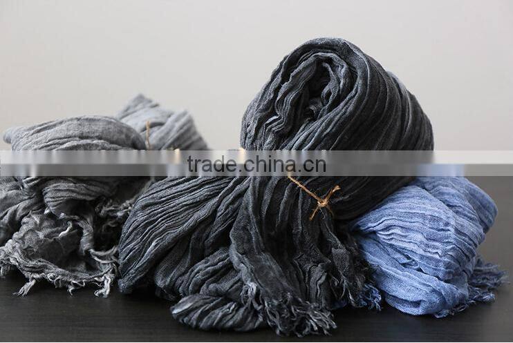 Korea Japan Fashion Ladies Solid Color Blank Plain Goffer Woven Linen Pashmina Shawl Scarf