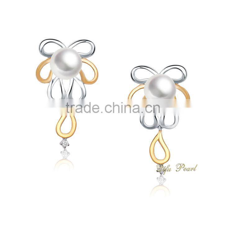 Alibaba China Wholesale Fashion Pearl Earring, 18K Gold Freshwater Pearl Jewelry with Diamond