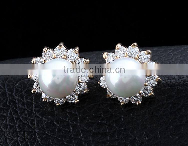 High Qulity Big Round Pearl WithZircon Gold Plated Stud Sterling-Silver-Jewelry Earrings Elegant Fashion Bijoux Jewelry