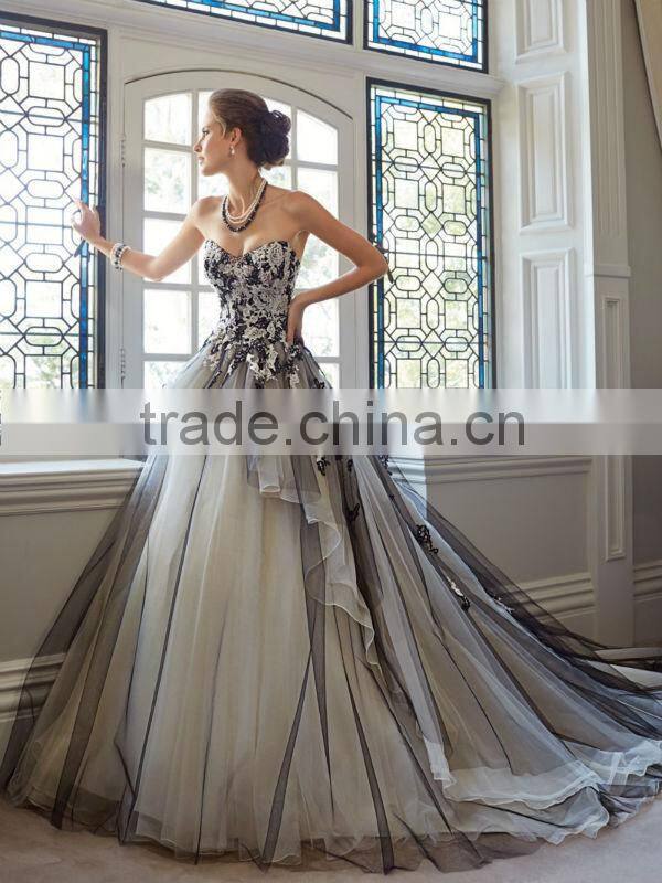 Custom Made Luxury Long Train Applique Black and Ivory Princess Wedding Dress Bridal Gown