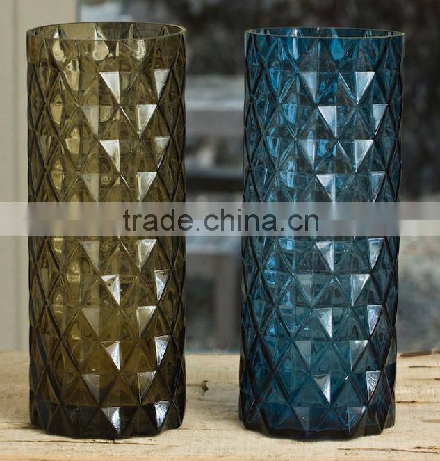 Engraved DOF leadfree crystal high quality customized size blue brown solid color cylinder glass vase