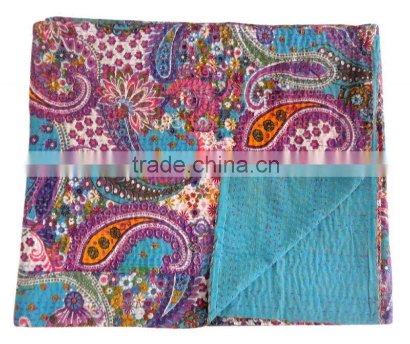 RTHKG-6 Traditional Handmade Purple Paisley Cotton Fabric Patchwork Gudri Throw Kantha Vintage Bedspread Wholesaler Jaipur
