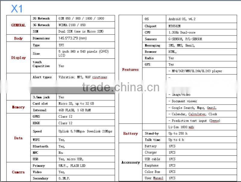 X1 5.0inch IPS touch screen andriod 4.2 low price 3G smart mobile phone