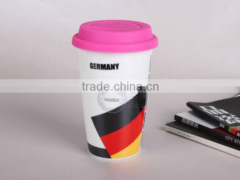 Flag ceramic coffee cup with food grade silicone lid high quality but low price wholesale