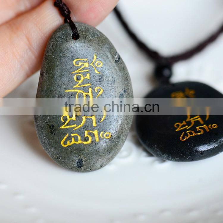 Exquisitely Engraving Carving Type Handmade Natural Stone Pendant Necklace Folk Art Style Reiki Stone Praying Mani Stone Pendant
