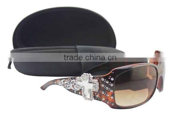 Leopard Print Rhinestone Cross Western Style Sunglasses 100% UV 400 With Box