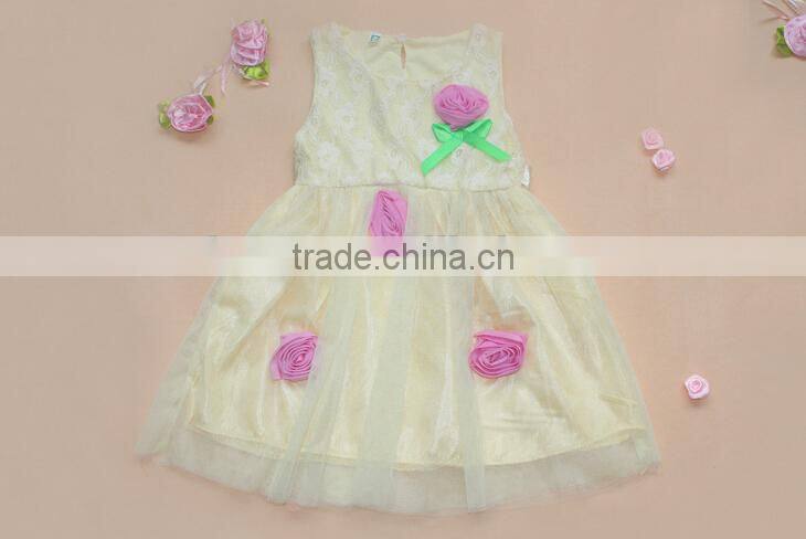 Light yellow dress for girl, party dress for girl, lovely hot sale lace girl skirt, non-sleeve girl dress