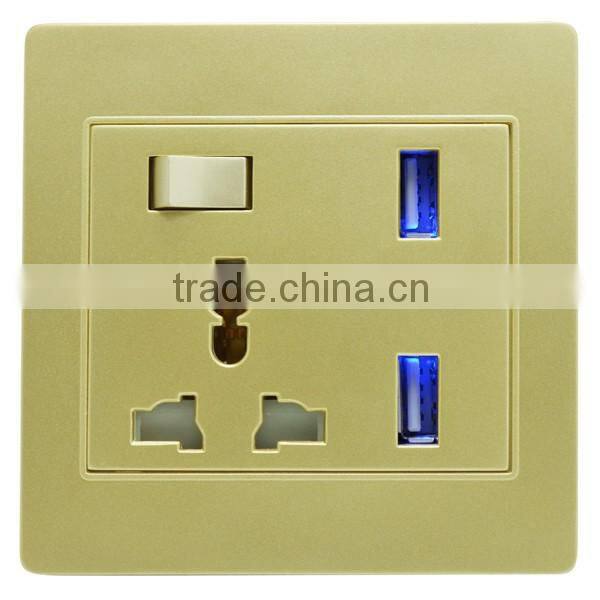 UK standard PC material 13a 1gang switched socket with double USB socket