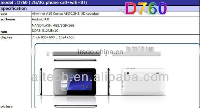 7'' android4.0 support 3D 2G and 3GPhone call wifi tablet pc