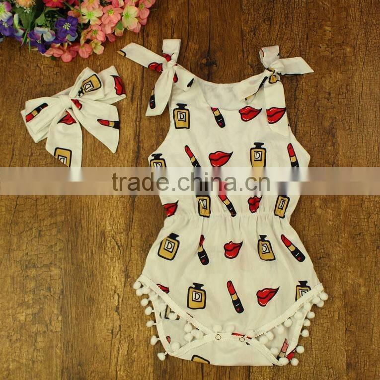 Wholesale Newborn infant baby clothes girl romper plain custom print navy dark blue onesie pom poms lipstick bubble rompers