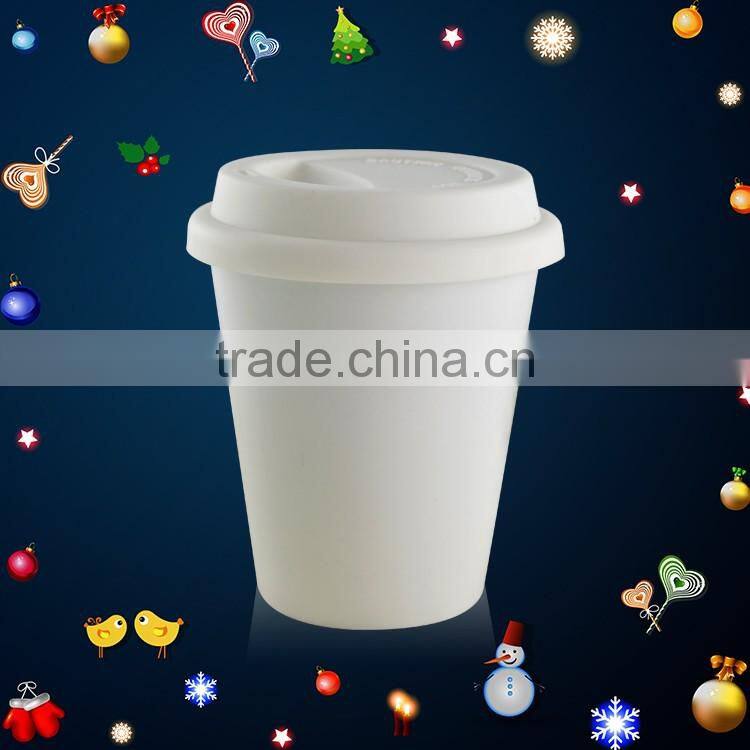 Christmas wholesale cheap Double wall ceramic tumblers, travel coffee mug with silicone lid