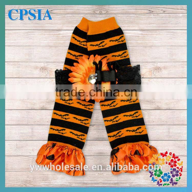 Latest Orange Yellow and Black Deisgn Classic Chiffon Ruffled Baby Leg Warmer Match Headband Set