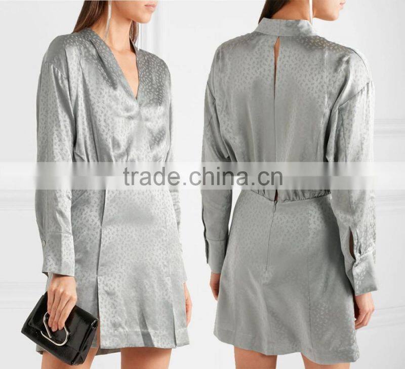 Latest Metallic Gray-green Long Sleeve Wrap Effect Silk-Jacquard Mini Dress Design Pictures Names Of Ladies Dresses HSD5932