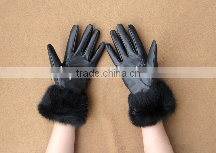new design high quality rabbit fur lined leather gloves for winter