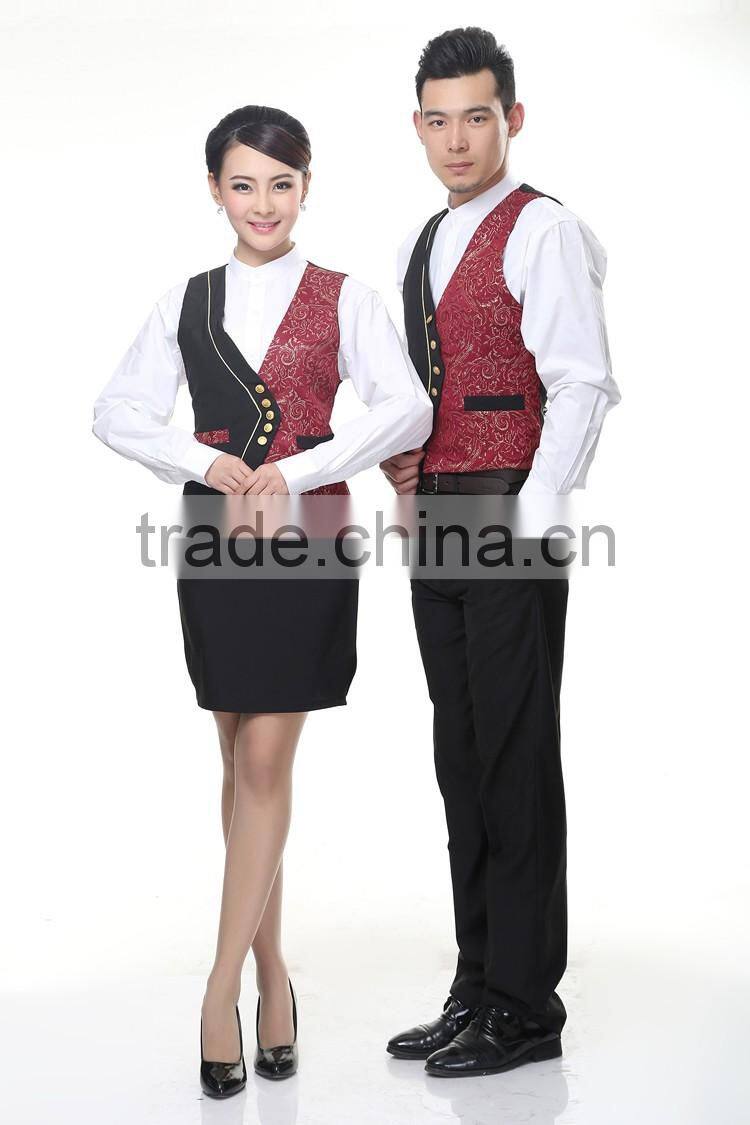 Juqian custom 5 start summer restaurant manager hotel waiter receptionist uniform designs with embroidery vest