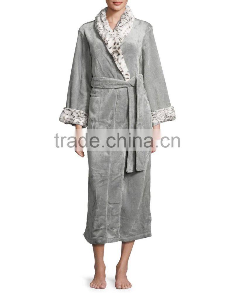 Long Lounge Robe bath towel robe for women faux fur trim dress gown