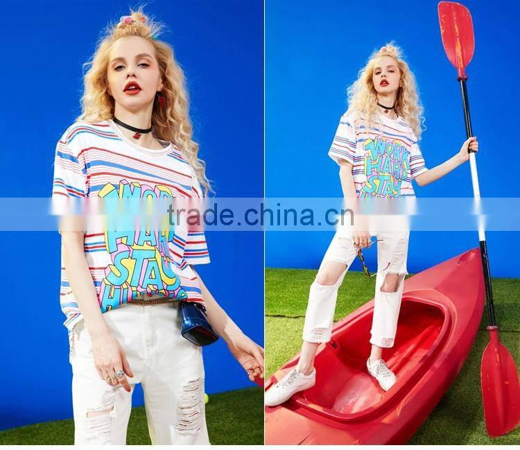 Womens short sleeve stripe front printing t-shirt with custom logo