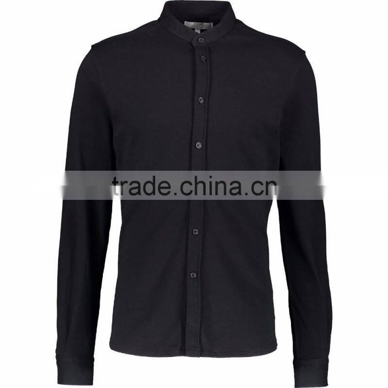 New Fashion Mens' Plain Black Collarless Cotton Shirt Supplier