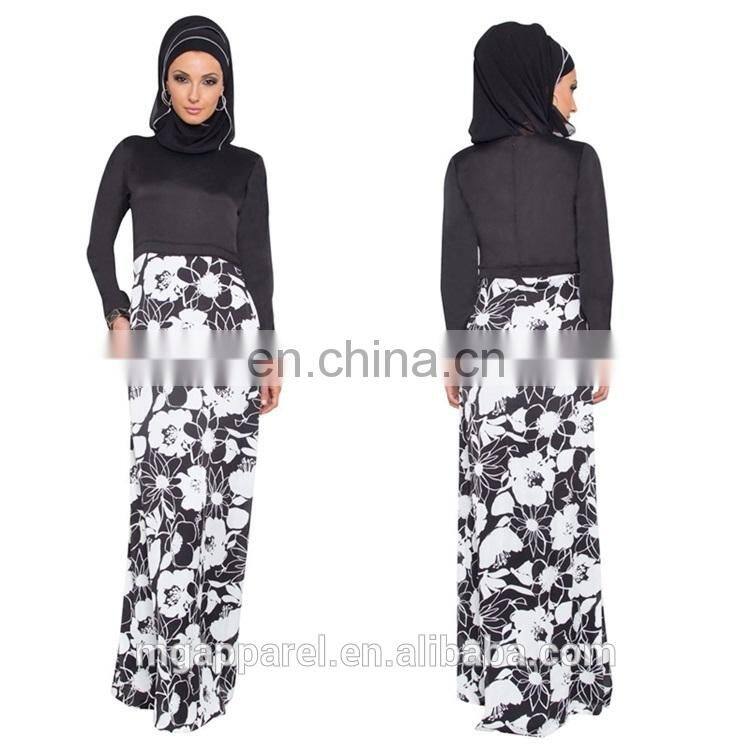 latest fashion muslim women formal dress black and white floral print dress muslim long sleeve maxi dress with wrap scarf