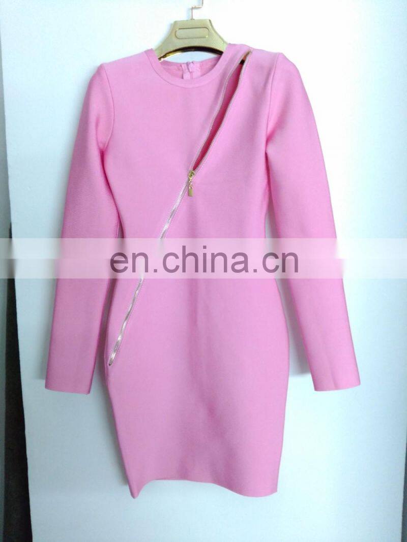 Amigo 2017 latest pink long sleeve cut out bias tape zipper midi sexy bandage dress evening dresses for women party wear