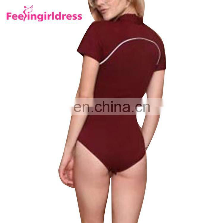 China Factory Wine Red Bodysuit High Elasticity Vintage Romper Cotton Womens Clothing Jumpsuits