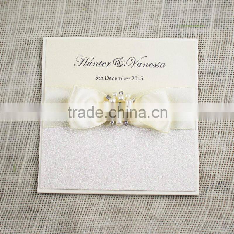 beige silver color ribbon luxury bengali wedding invitation card