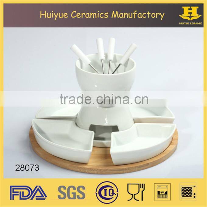 ceramic chocolate fondue set with bamboo base
