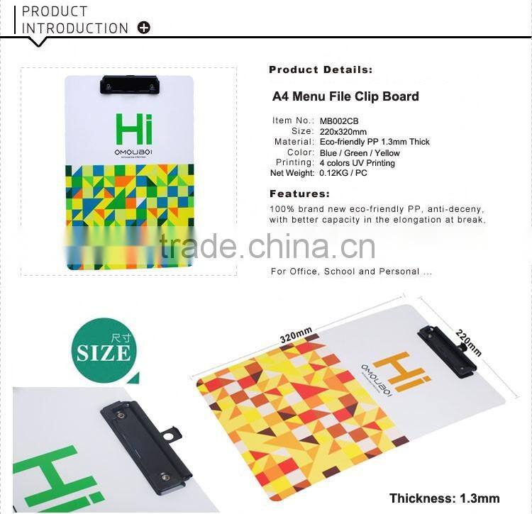 Eco-friendly PP Printed Hanging Menu File Clip Board