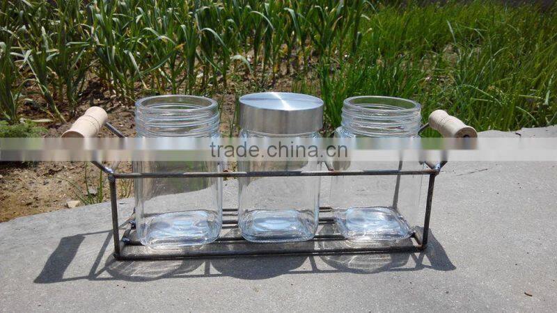 3 in 1 set glass storage jar with metal rack