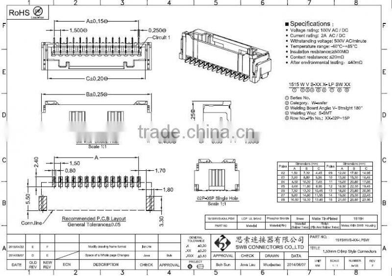 1.5MM Pitch wire to board electronic wire connectors