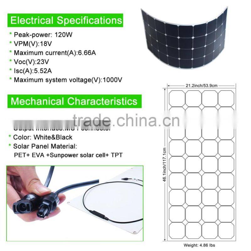 2016 new design 120W solar panel semi flexible for RV, Boats, Marine, Yachts