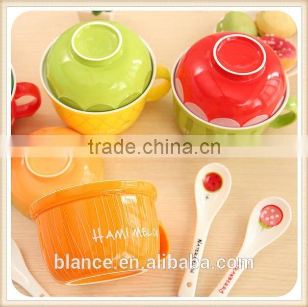 large ceramic soup bowl set with spoon in fruit shape design