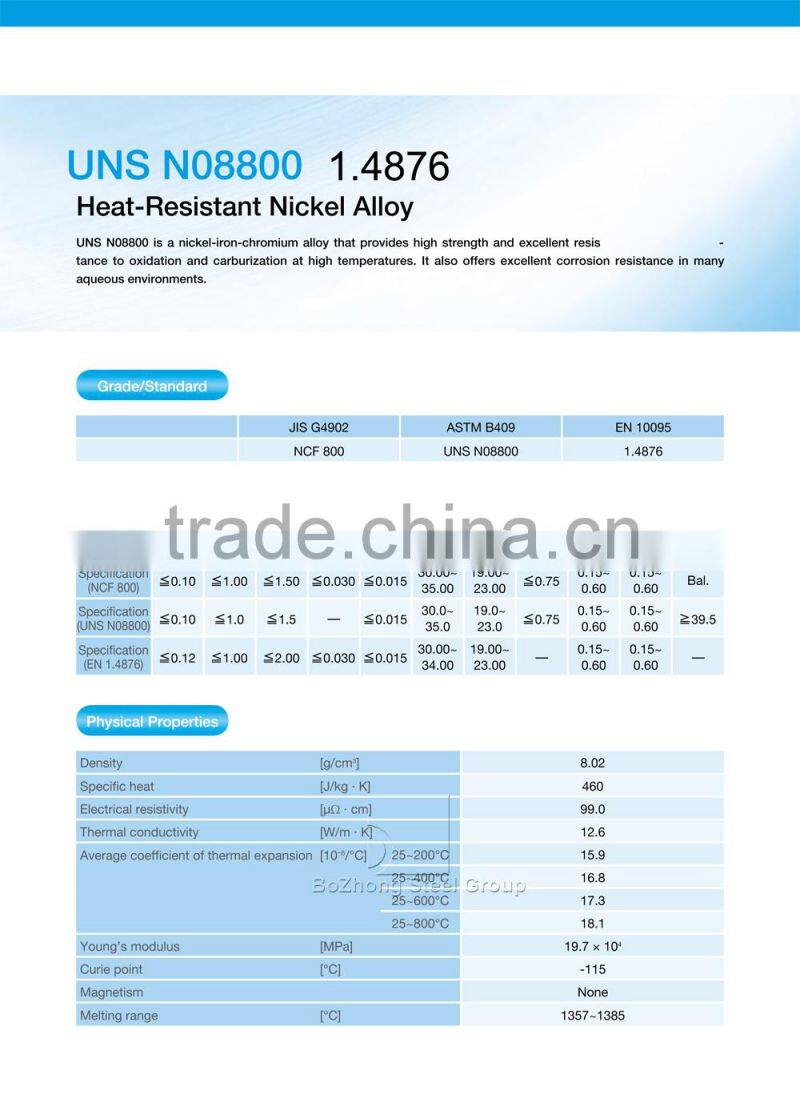 N08800 Heat Resistant Alloys 1.4876 Incoloy 800 Alloy