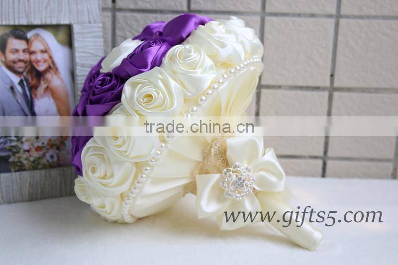 Elegant Purple Satin Ribbon Pearls Bridal Bouquet Bridesmaids Bouquet Wedding Flowers