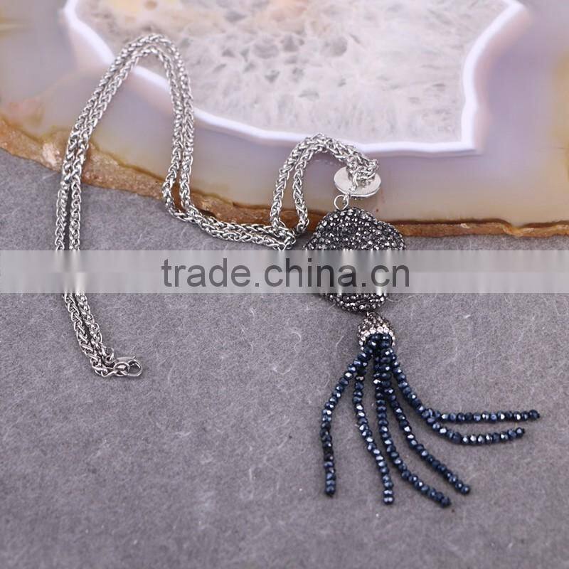 Clover Pendant Beads Tassel Necklace, Gem Stone Druzy Pendant, With Crystal Paved Crystal Tassel Jewelry, Stone Chain Necklace