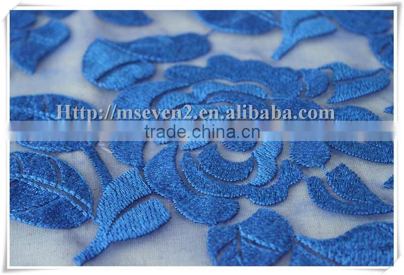 Applique blue rose embroidery tulle lace fabric chemical mesh guipure dress fabric