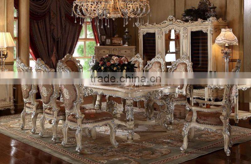 Hand Carved European Rectangle Oak Wood Expandable Dining Table With Chairs(MOQ=1 SET)