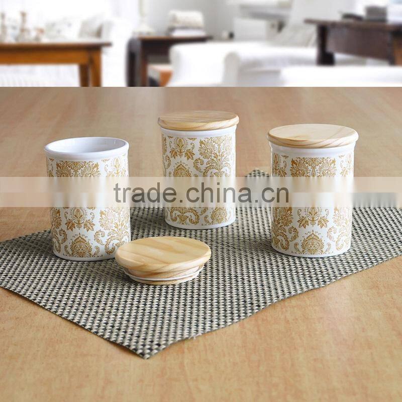 Can shape Ceramic Jar with Wooden lid, Ceramic Canister with Decal printing