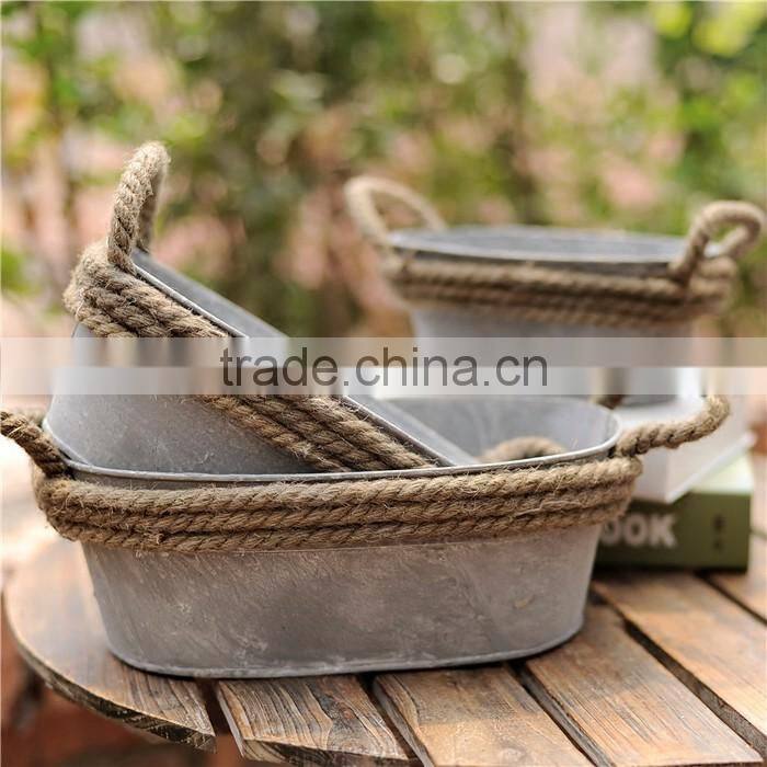 Hot sales garden zinc flower pot metal planter with string handle