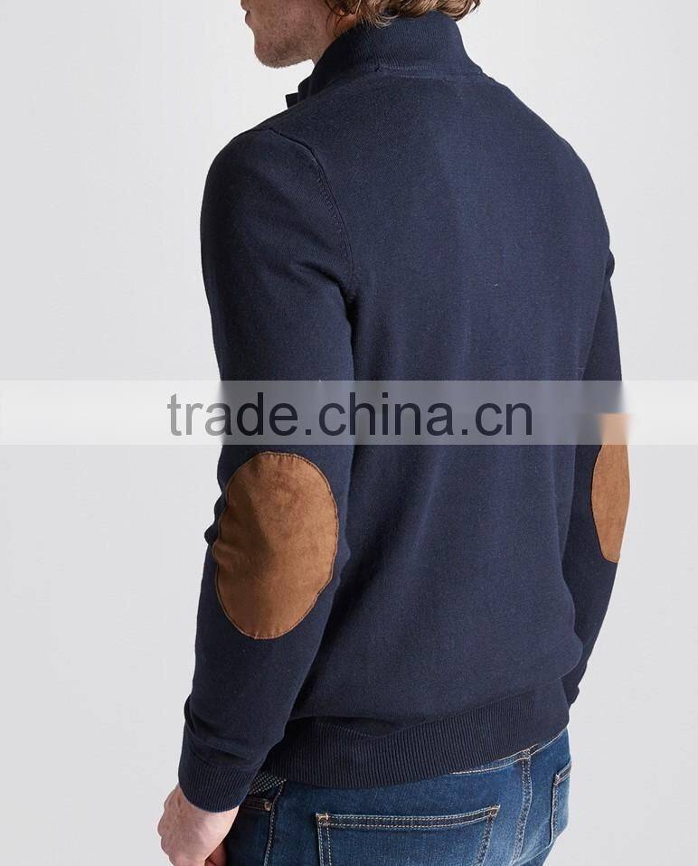 High Quality Wholesale knit wear Men's button high-neck sweater with suedette elbow patches (BKNM16)